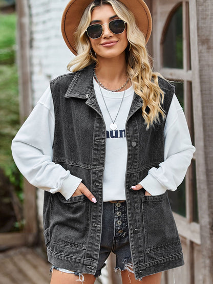 Button Front Sleeveless Denim Jacket - Myfave Denim