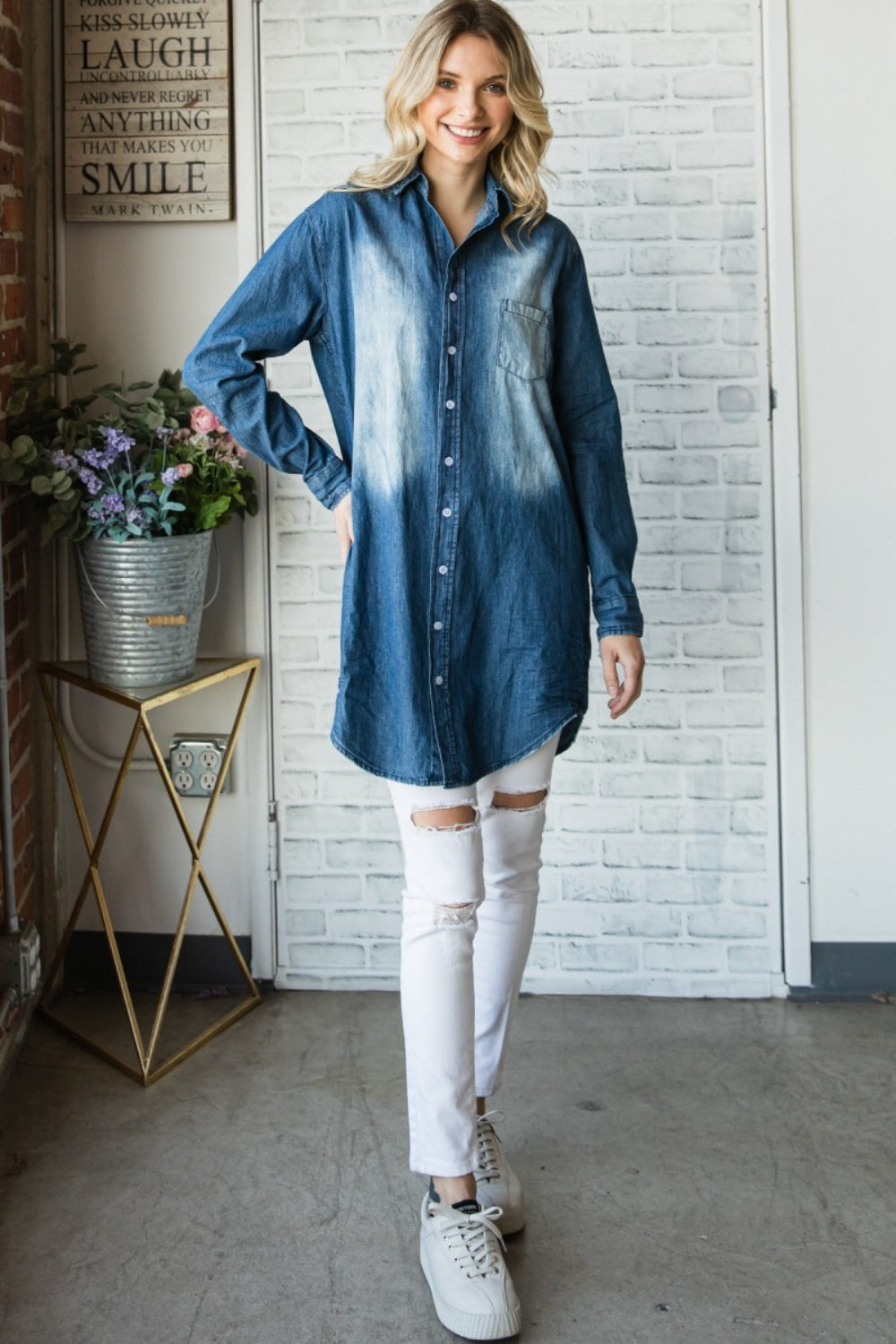 Veveret Pocketed Button Up Washed Denim Shirt - Myfave Denim