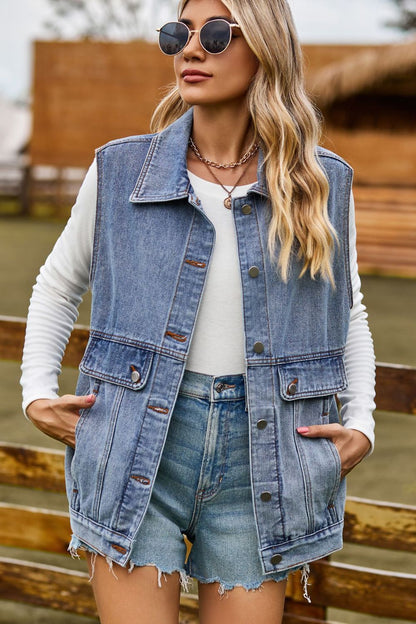 Sleeveless Collared Neck Denim Top with Pockets - Myfave Denim