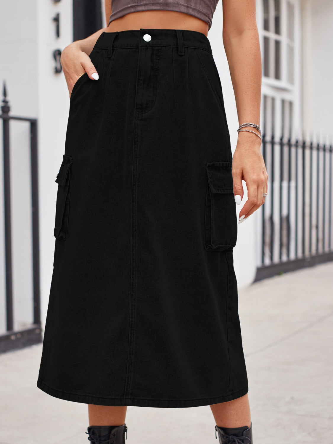 Slit Buttoned Denim Skirt with Pockets - Myfave Denim