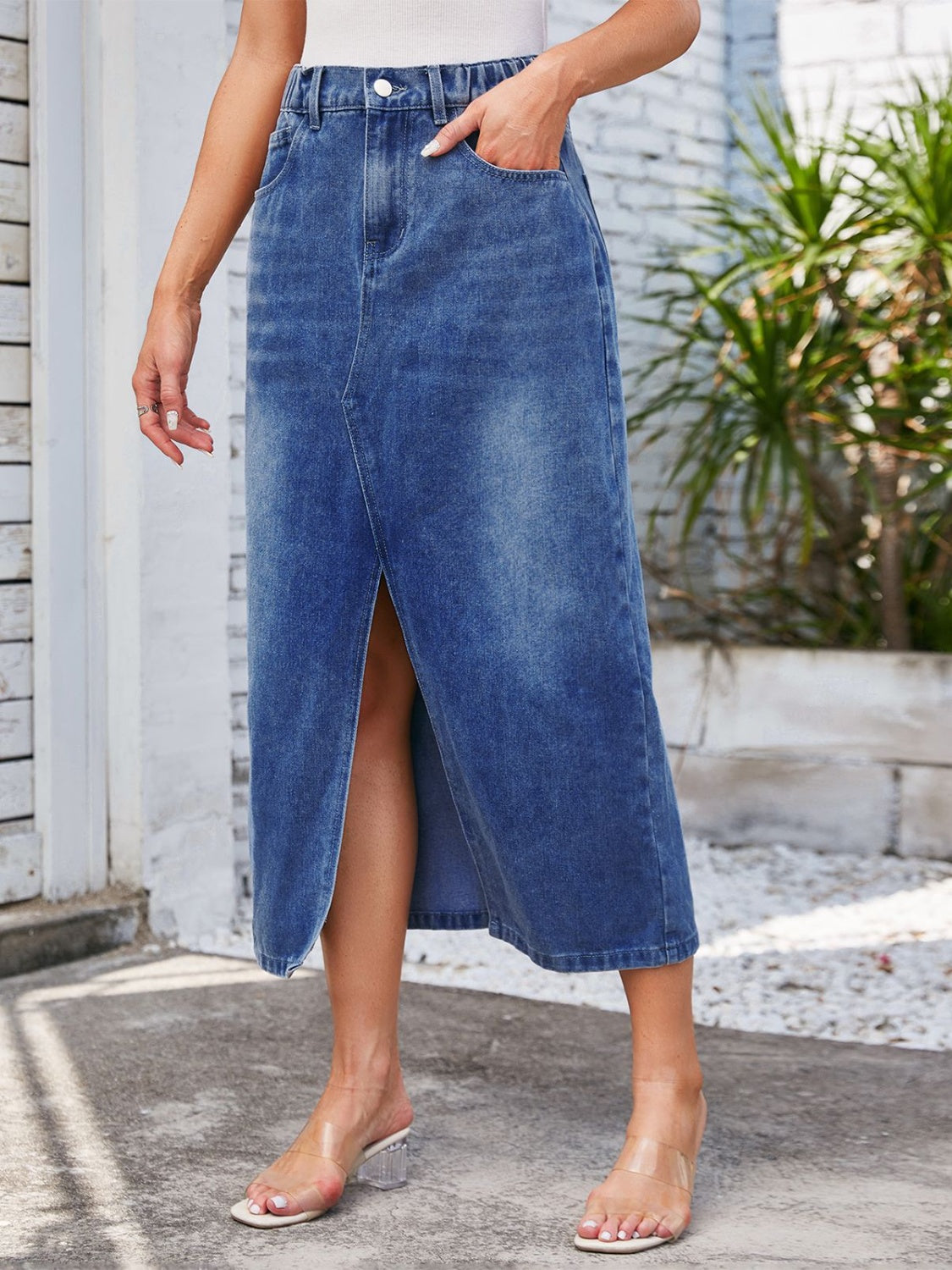 Slit Midi Denim Skirt with Pockets - Myfave Denim