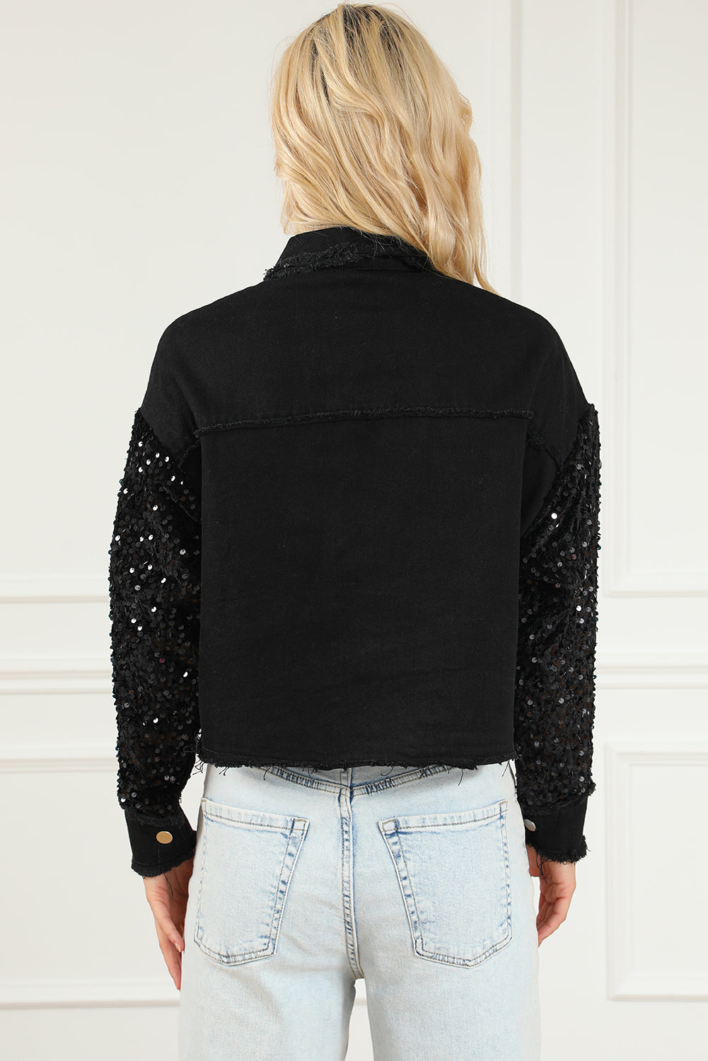 Sequin Button Up Raw Hem Denim Jacket - Myfave Denim