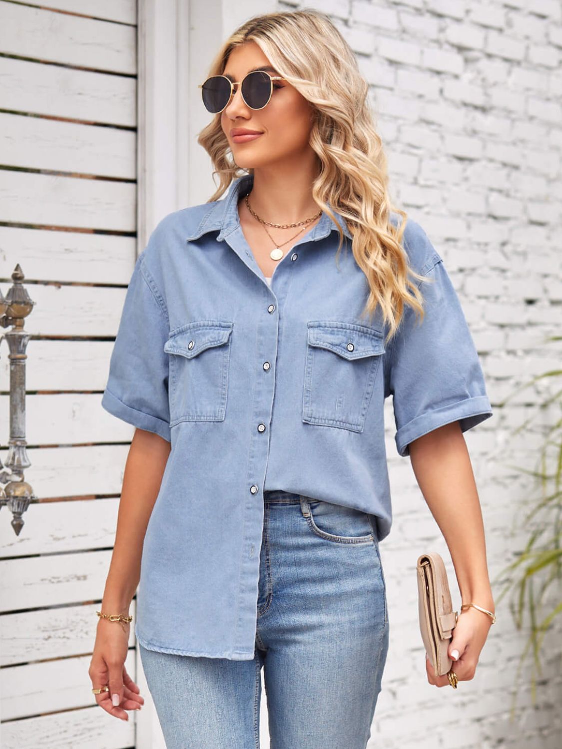 Collared Neck Short Sleeve Denim Jacket - Myfave Denim