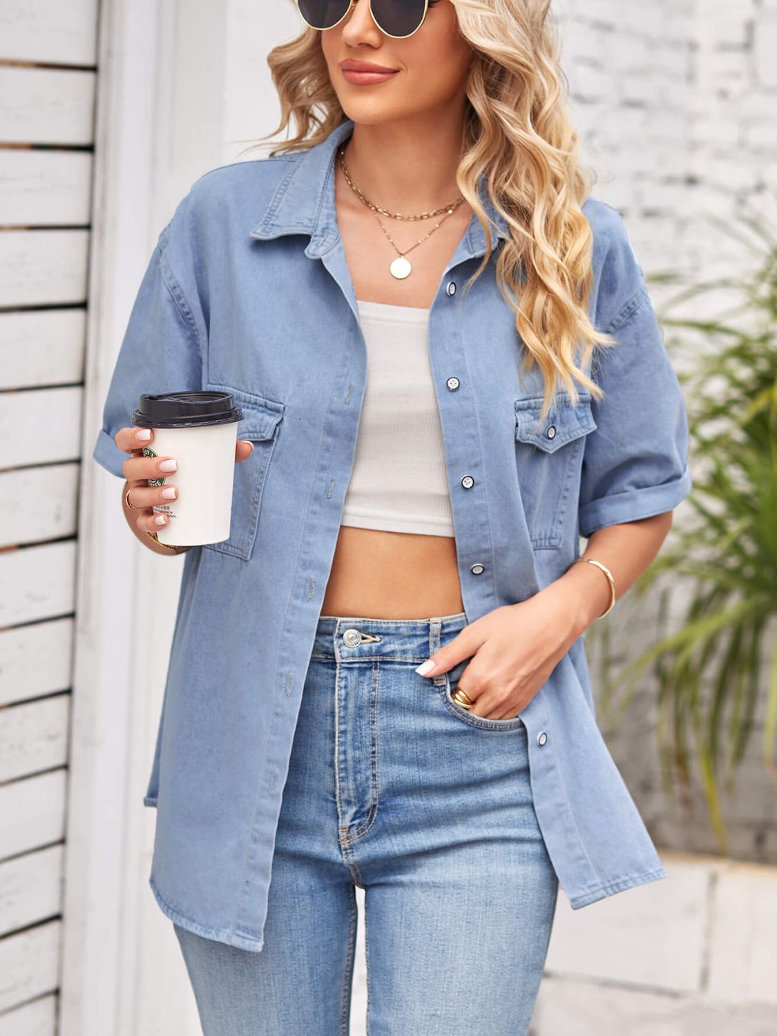 Collared Neck Short Sleeve Denim Jacket - Myfave Denim