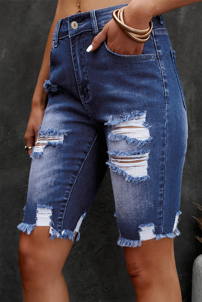 Distressed Frayed Hem Denim Bermuda Shorts - Myfave Denim