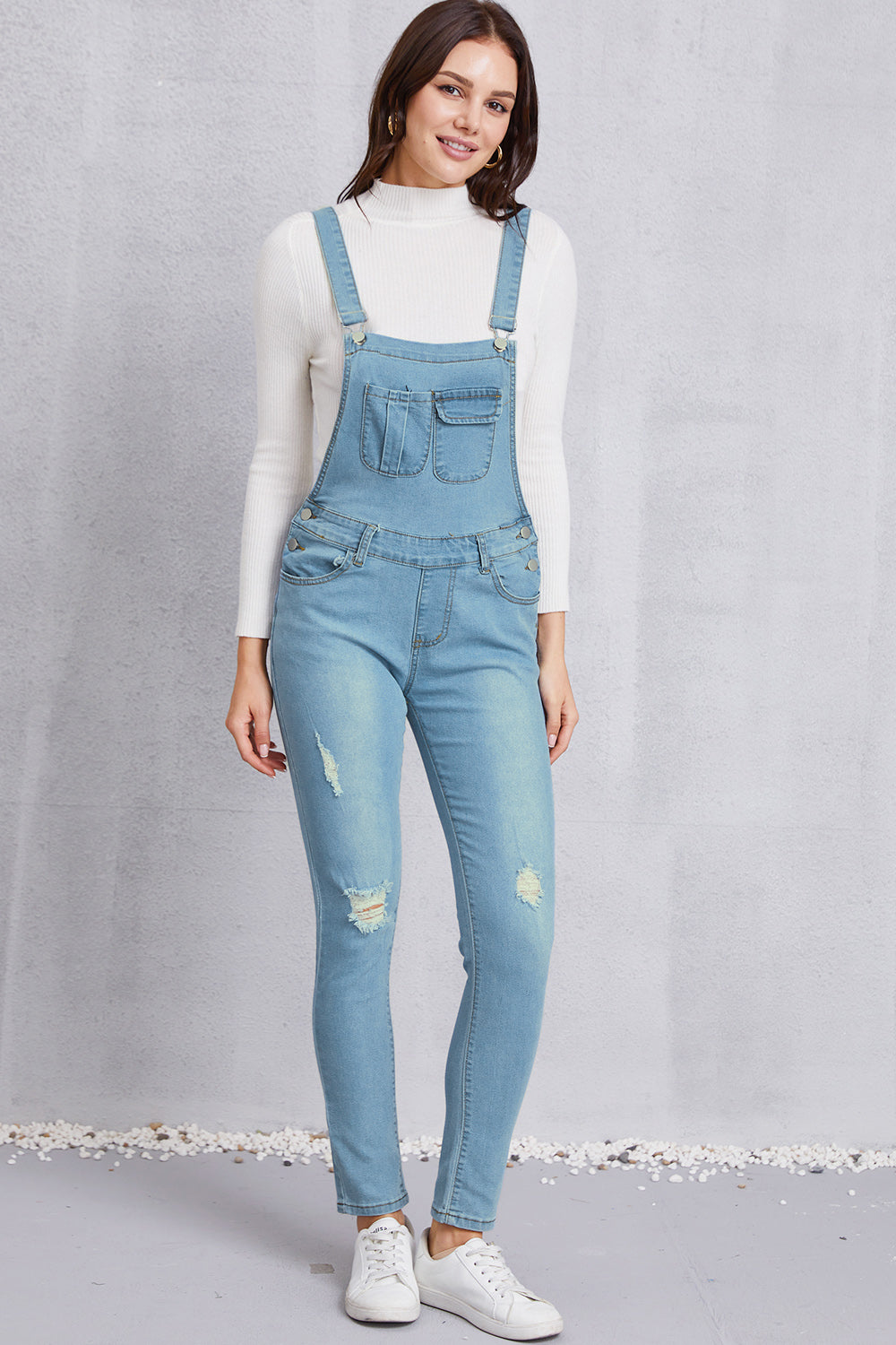 Distressed Washed Denim Overalls with Pockets - Myfave Denim