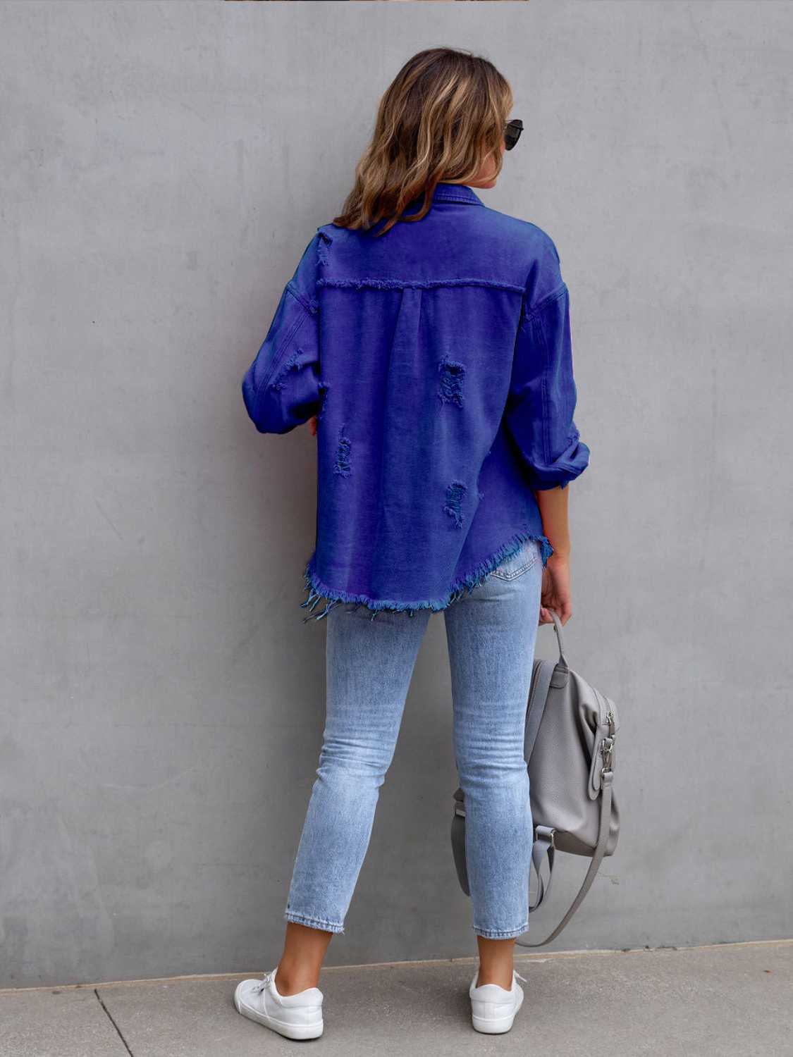 Distressed Drop Shoulder Denim Jacket - Myfave Denim