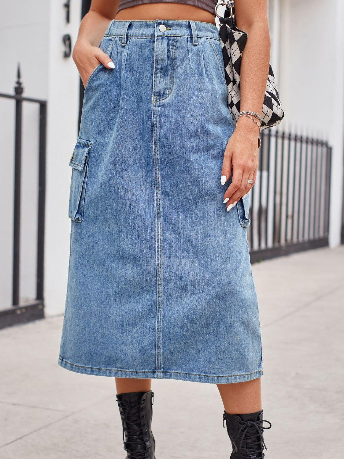 Slit Buttoned Denim Skirt with Pockets - Myfave Denim