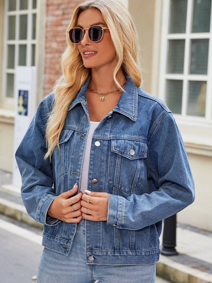 Pocketed Collared Neck Denim Jacket - Myfave Denim