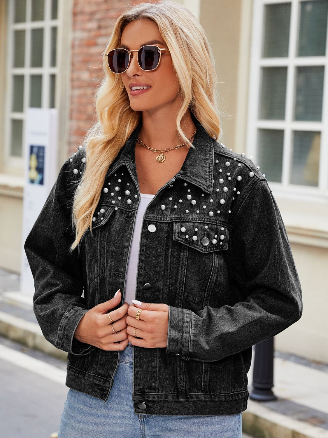 Pearl Detail Collared Neck Long Sleeve Denim Jacket - Myfave Denim