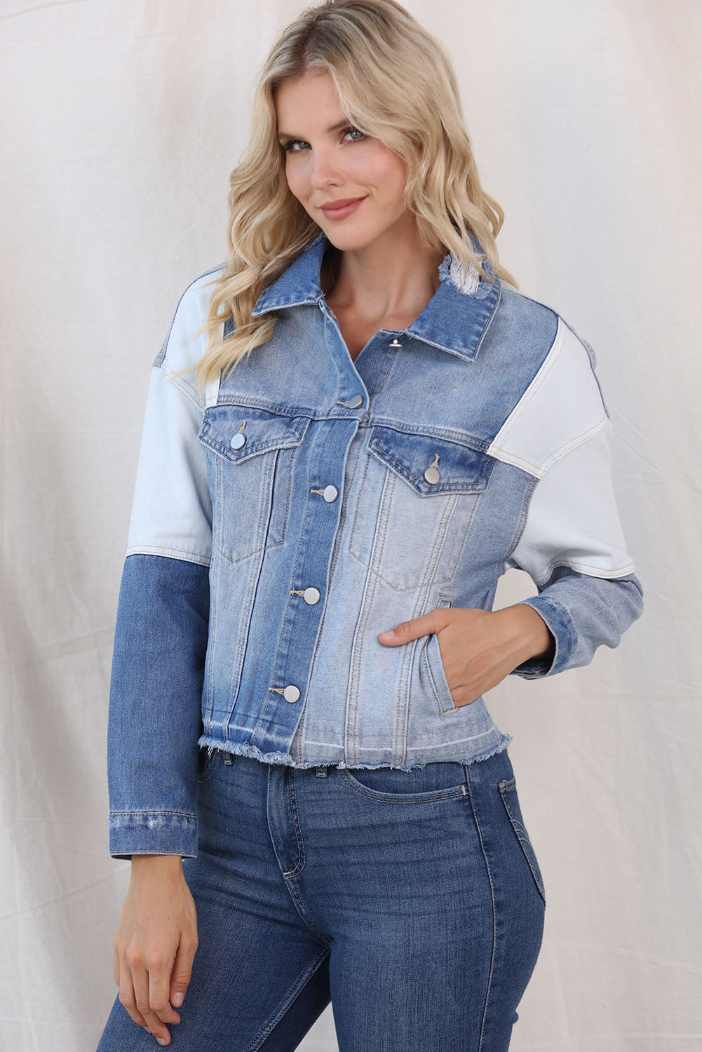 Color Block Distressed Button Up Denim Jacket - Myfave Denim