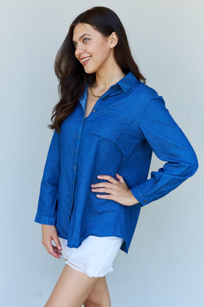 Doublju Blue Jean Baby Denim Button Down Shirt Top in Dark Blue - Myfave Denim