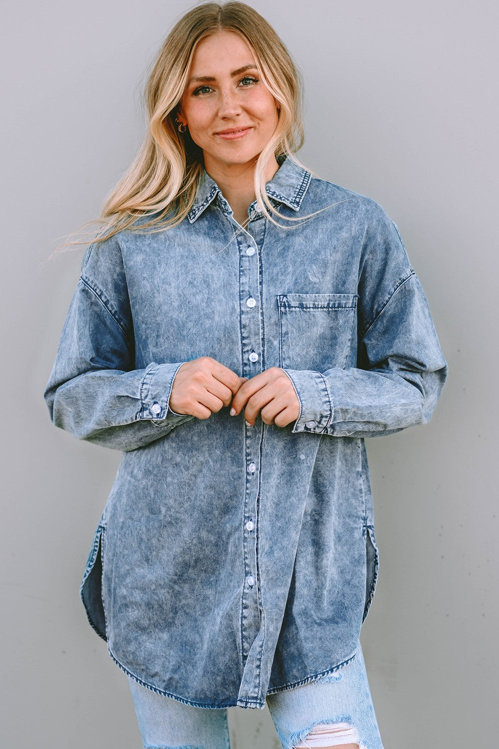 Button Up Dropped Shoulder Denim Top - Myfave Denim