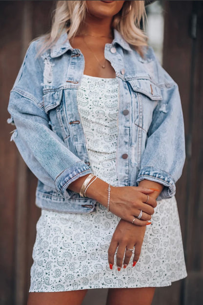 Distressed Drop Shoulder Denim Jacket - Myfave Denim