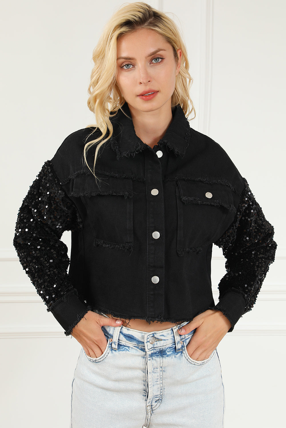 Sequin Button Up Raw Hem Denim Jacket - Myfave Denim