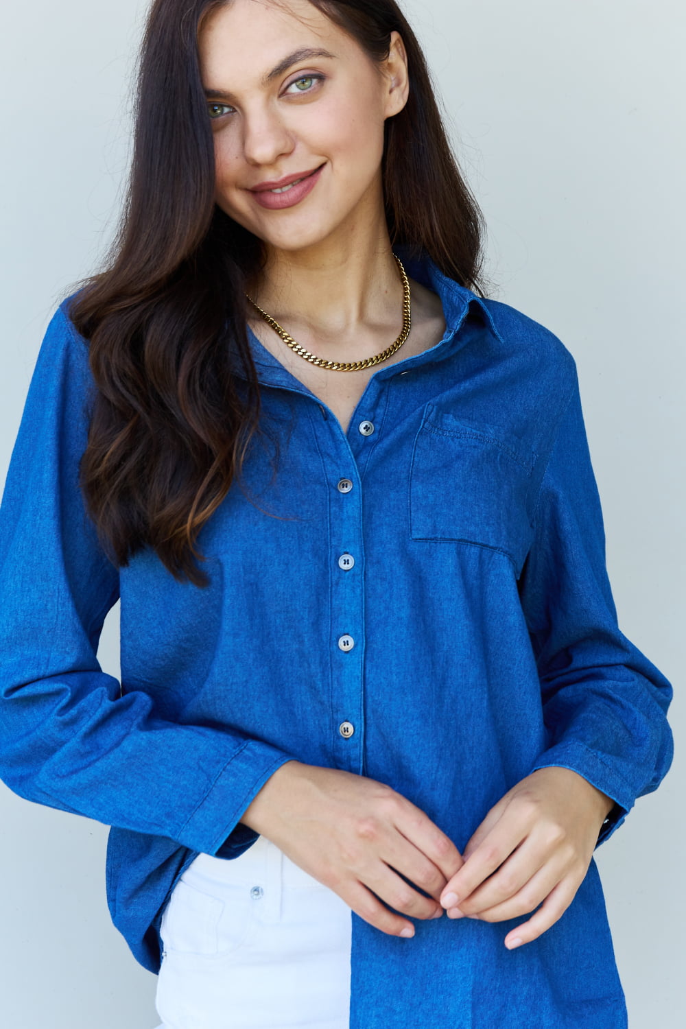 Doublju Blue Jean Baby Denim Button Down Shirt Top in Dark Blue - Myfave Denim