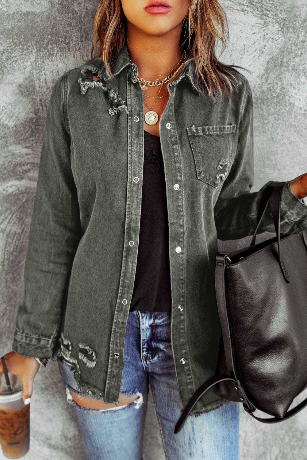 Distressed Raw Hem Snap Down Denim Jacket - Myfave Denim