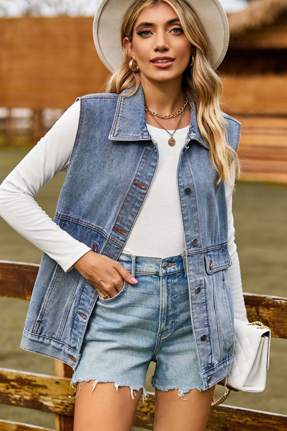 Sleeveless Collared Neck Denim Top with Pockets - Myfave Denim