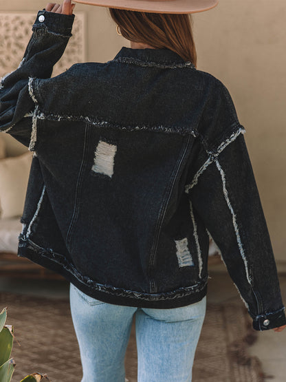 Button Up Raw Hem Distressed Denim Jacket - Myfave Denim