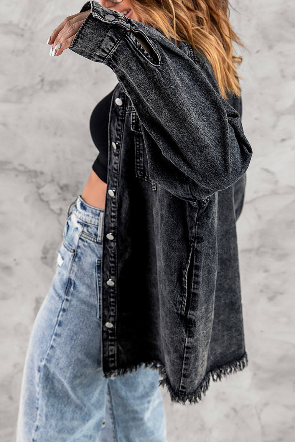 Button Up Pocketed Raw Hem Denim Jacket - Myfave Denim