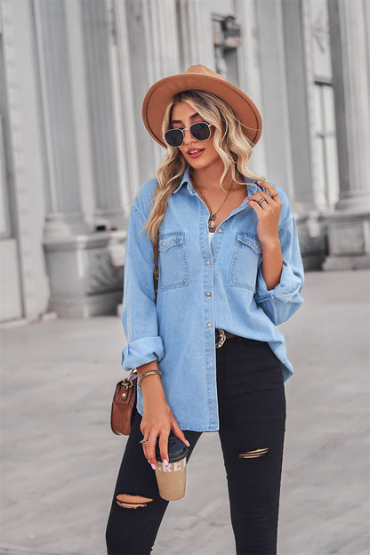 Collared Neck Dropped Shoulder Denim Top - Myfave Denim