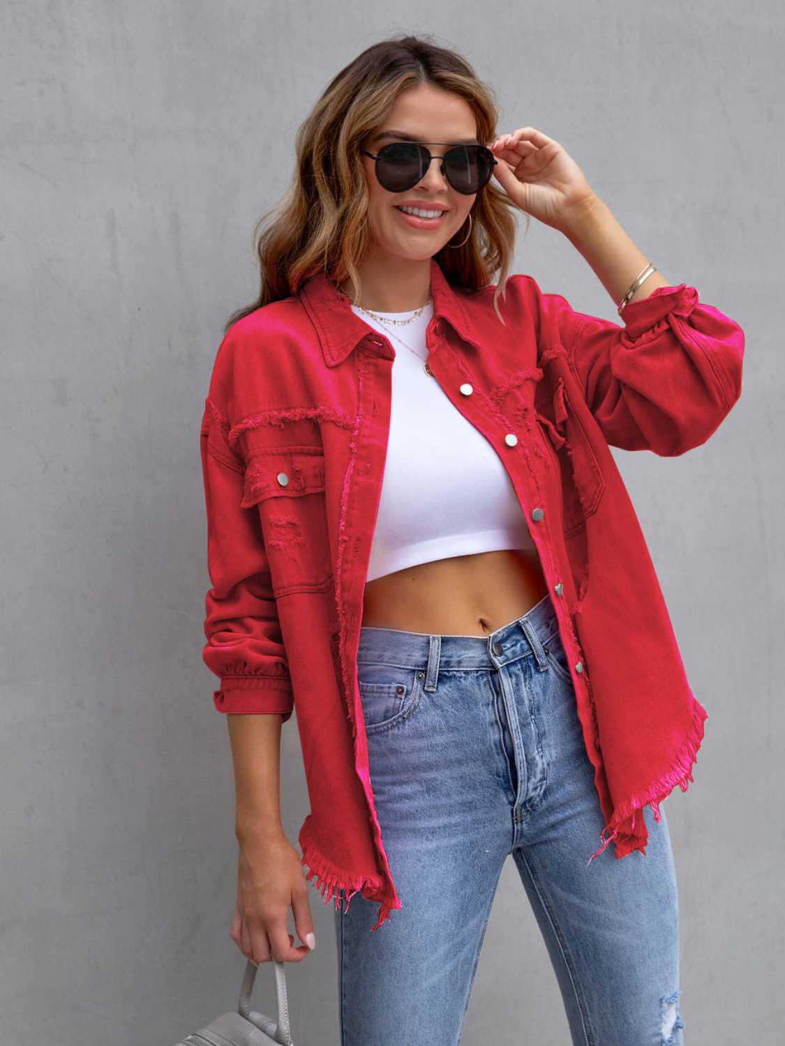 Distressed Drop Shoulder Denim Jacket - Myfave Denim