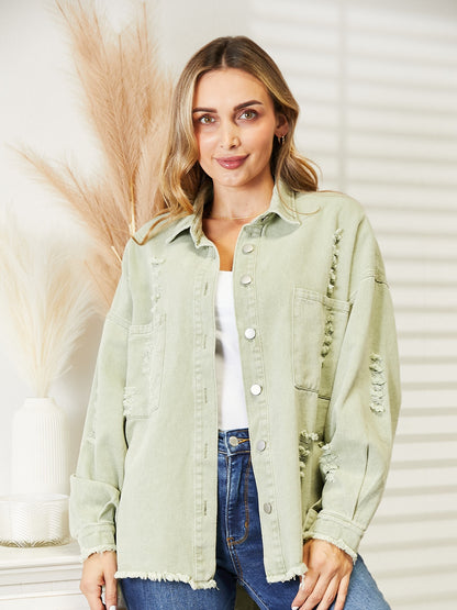 Distressed Raw Hem Denim Jacket - Myfave Denim