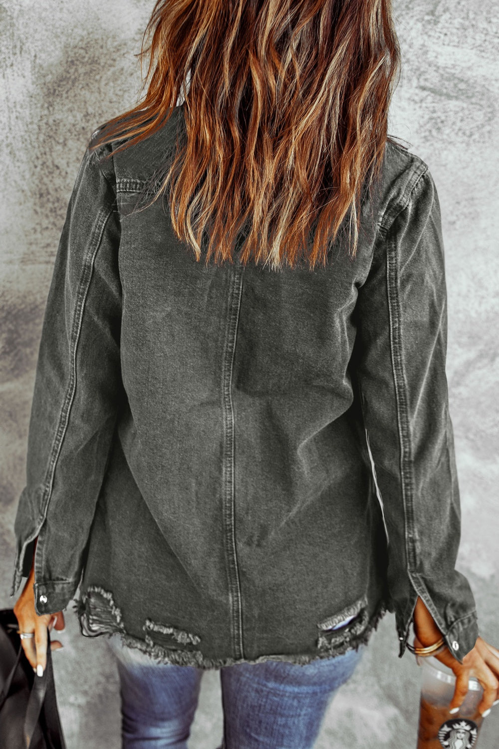 Distressed Raw Hem Snap Down Denim Jacket - Myfave Denim