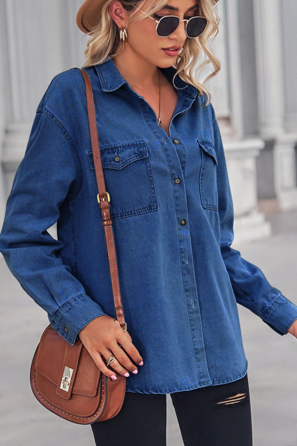 Collared Neck Dropped Shoulder Denim Top - Myfave Denim