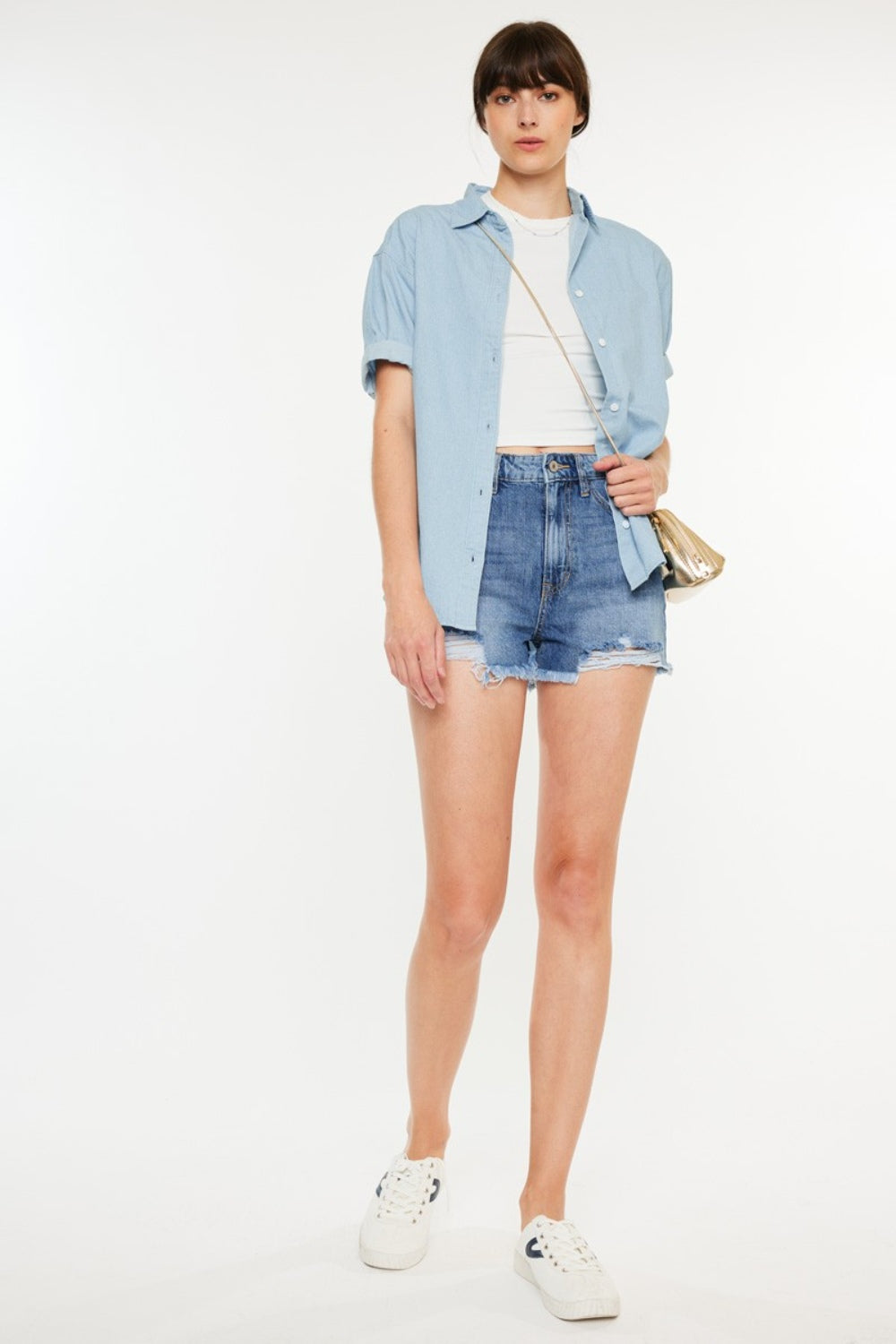 Kancan Distressed Raw Hem High Waist Denim Shorts - Myfave Denim