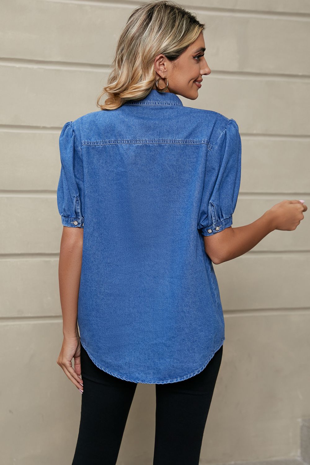 Puff Sleeve Collared Denim Top - Myfave Denim