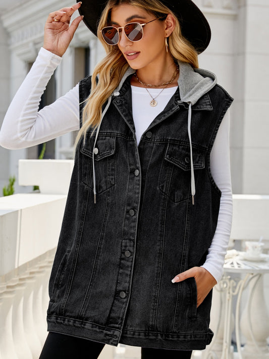 Drawstring Pocketed Button Up Sleeveless Denim Jacket - Myfave Denim