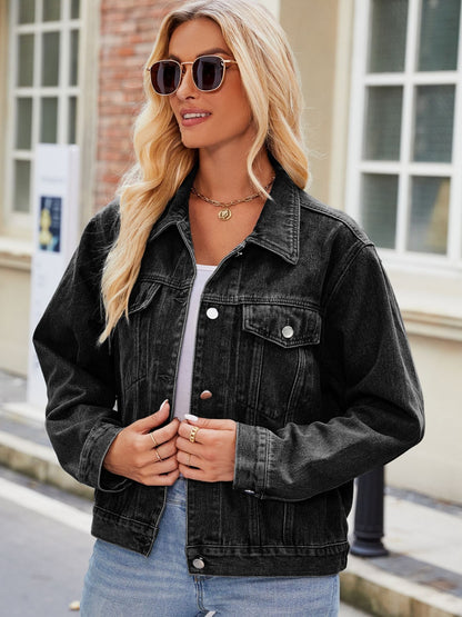 Pocketed Collared Neck Denim Jacket - Myfave Denim