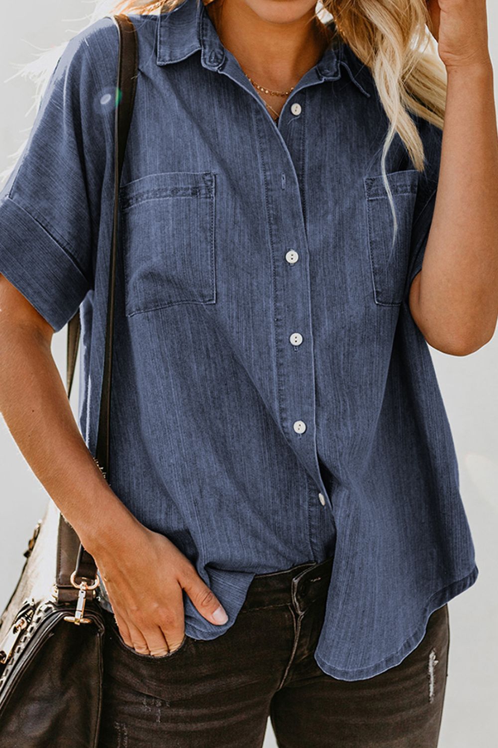 Pocketed Button Up Short Sleeve Denim Shirt - Myfave Denim