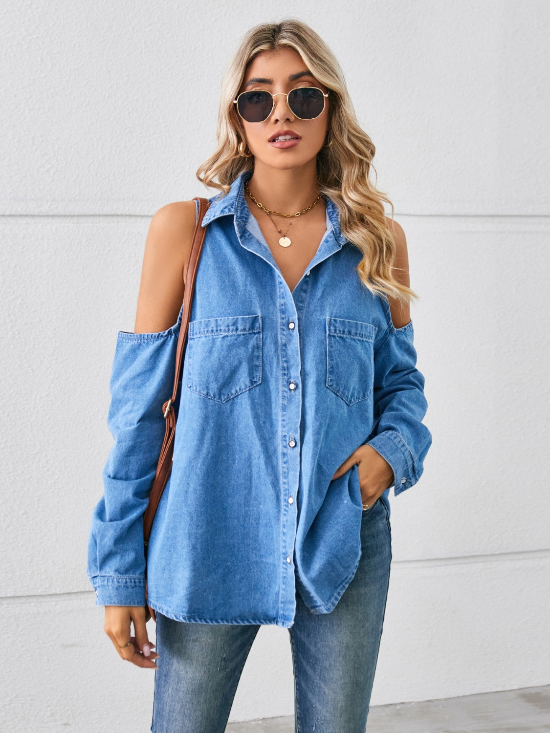 Cold Shoulder Pocketed Button Up Denim Jacket - Myfave Denim