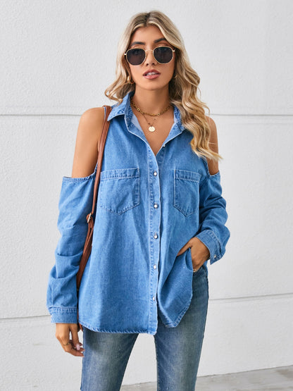 Cold Shoulder Pocketed Button Up Denim Jacket - Myfave Denim