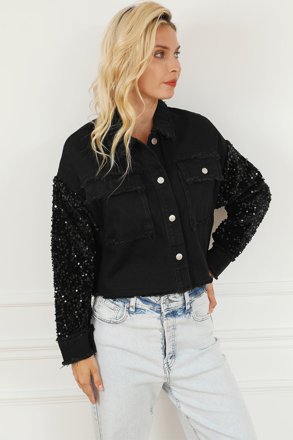 Sequin Button Up Raw Hem Denim Jacket - Myfave Denim