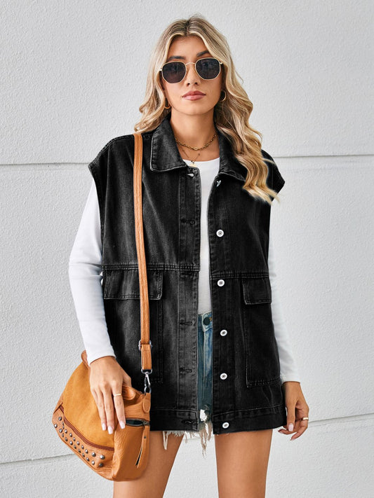 Pocketed Button Up Sleeveless Denim Jacket - Myfave Denim