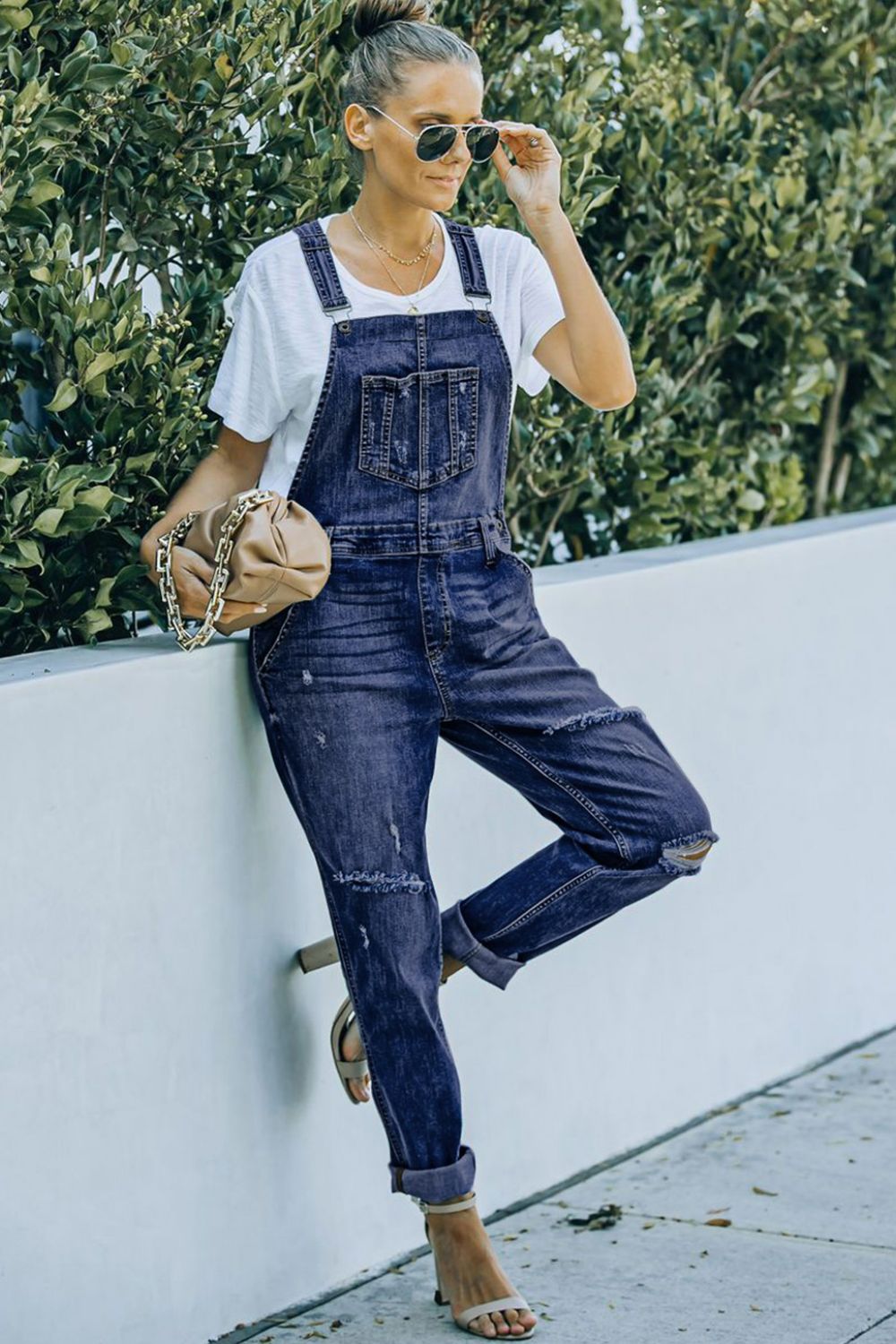 Pocketed Distressed Denim Overalls - Myfave Denim