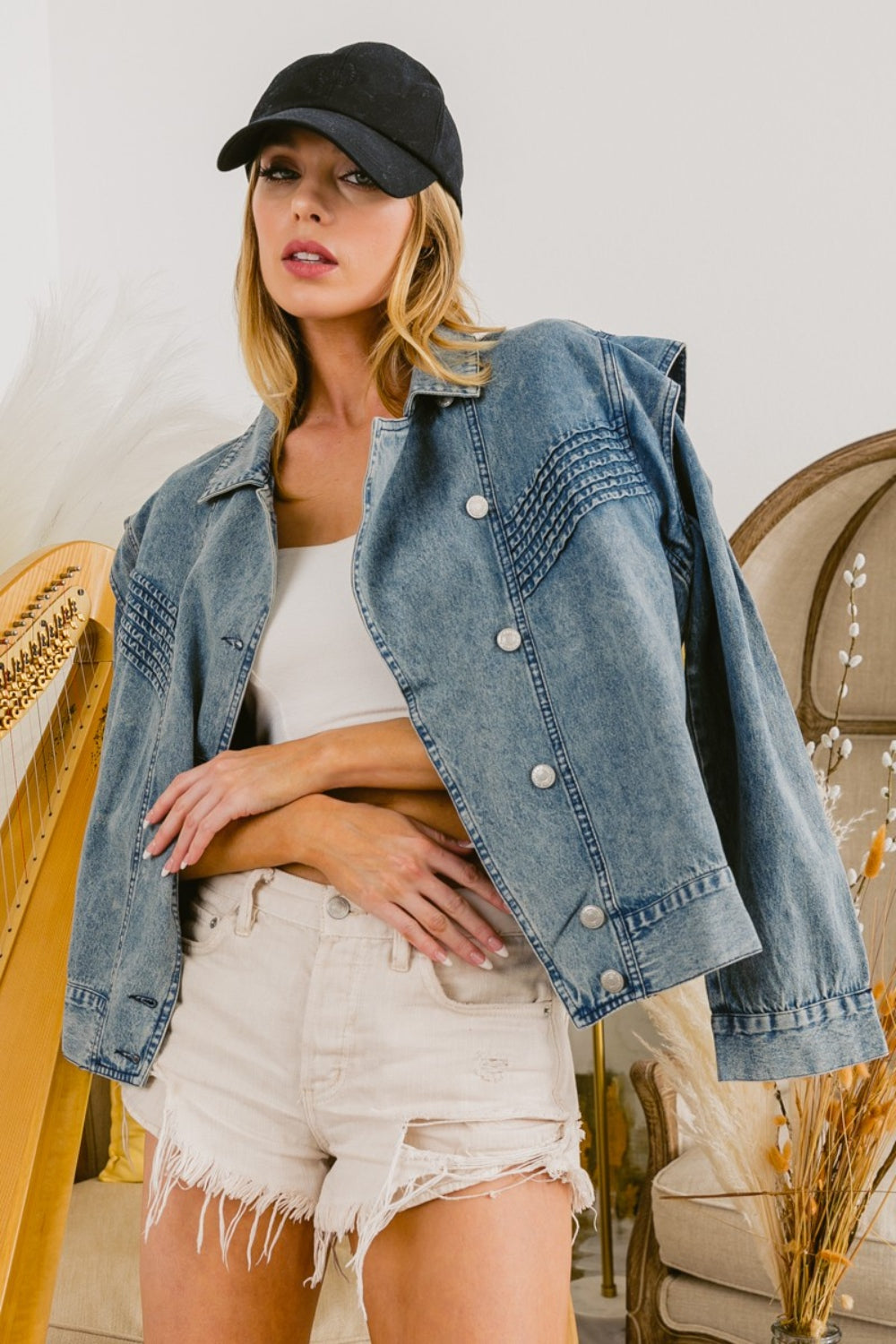 BiBi Button Up Long Sleeve Denim Jacket - Myfave Denim