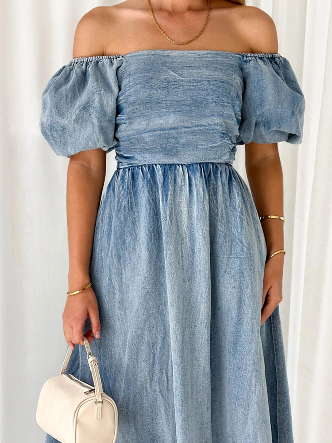 Off-Shoulder Balloon Sleeve Denim Dress