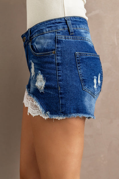 Spliced Lace Distressed Denim Shorts - Myfave Denim