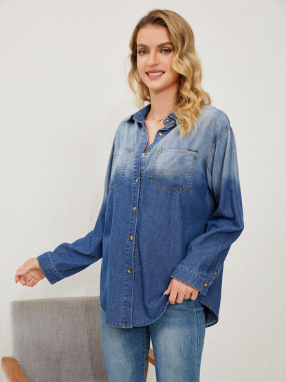 Pocketed Button Up Dropped Shoulder Denim Jakcet - Myfave Denim