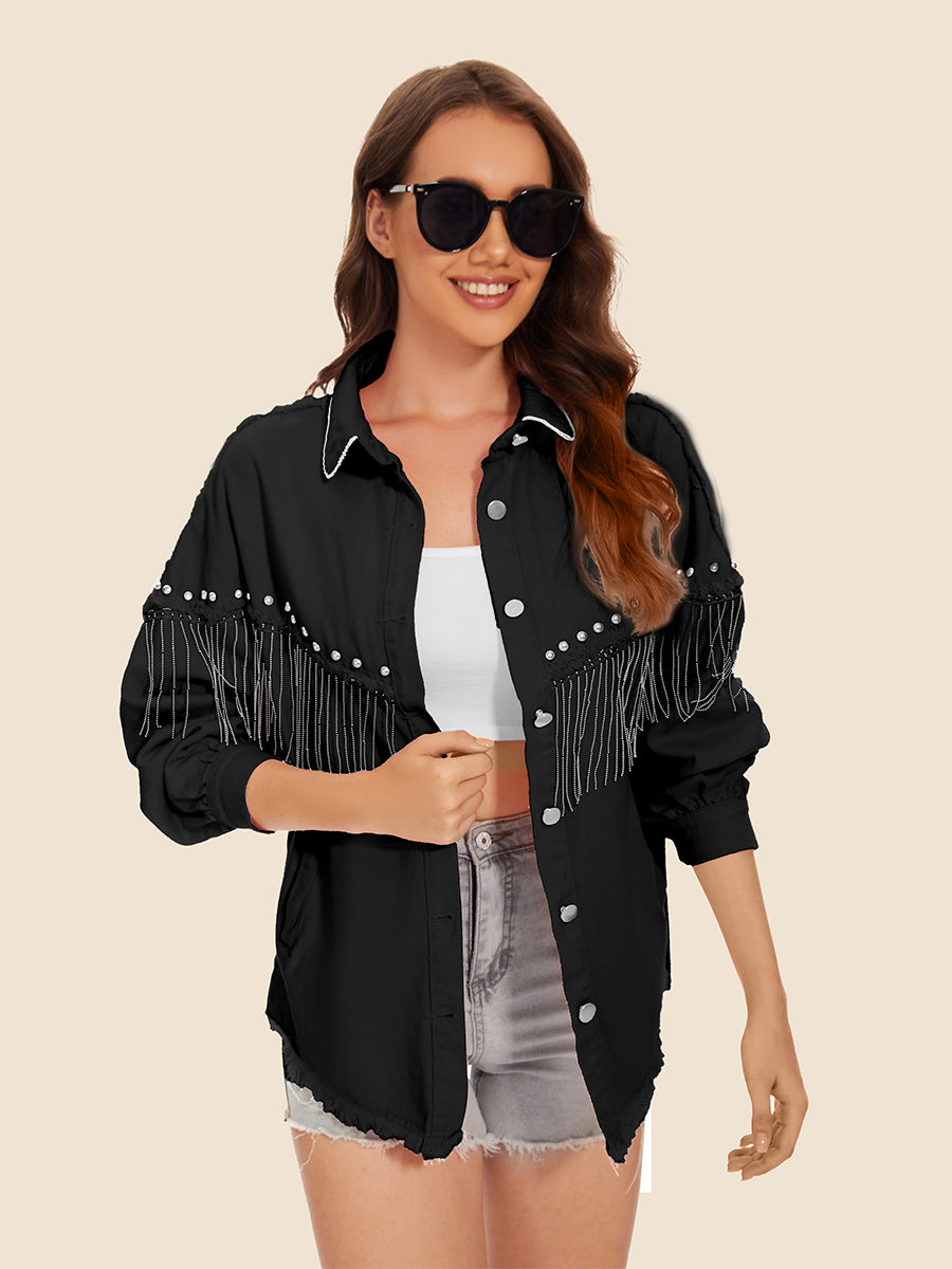 Raw Hem Fringe Detail Denim Jacket - Myfave Denim