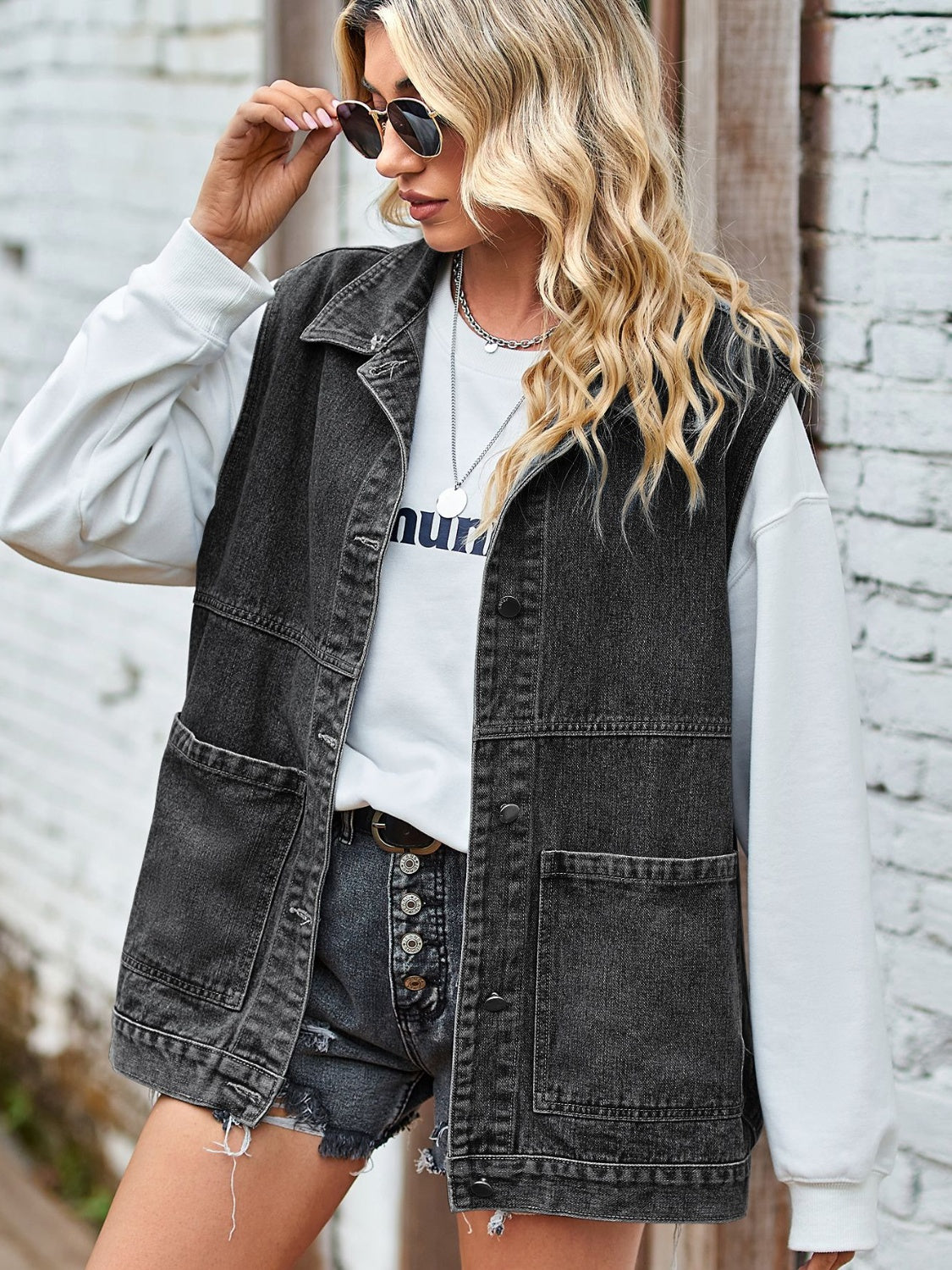 Button Front Sleeveless Denim Jacket - Myfave Denim