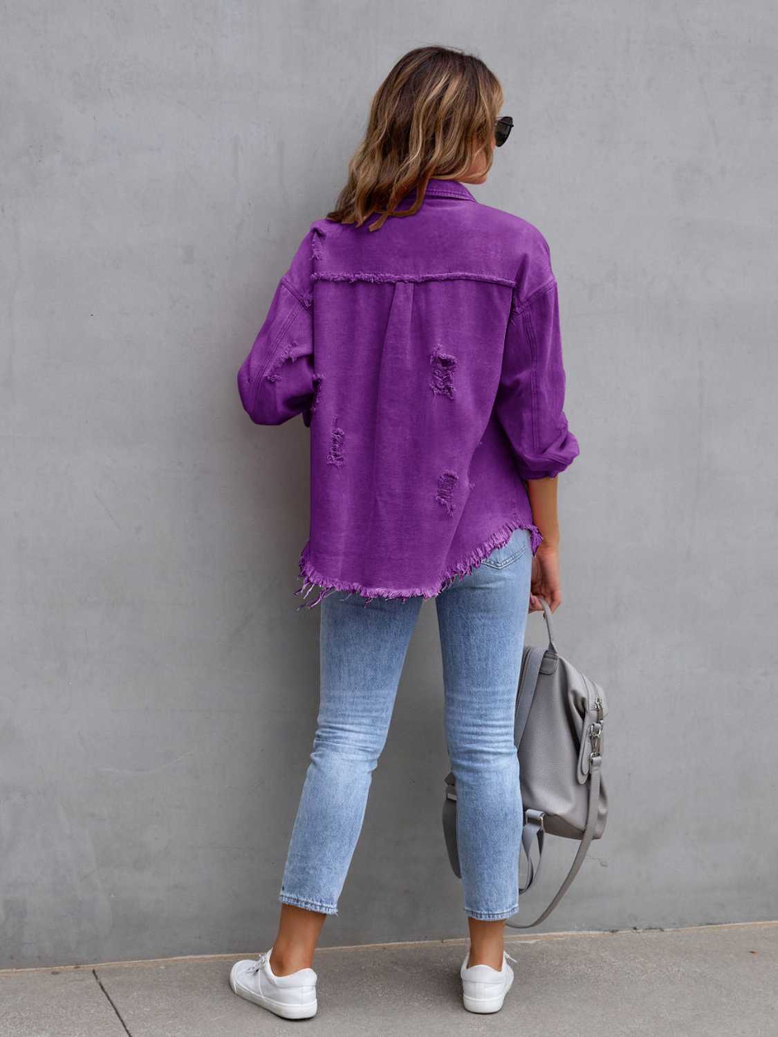 Distressed Drop Shoulder Denim Jacket - Myfave Denim