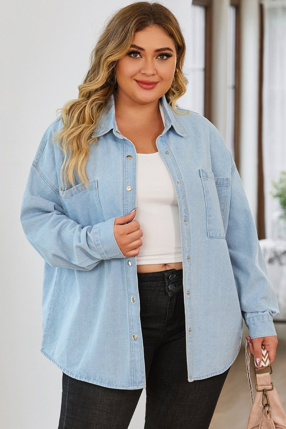 Plus Size Snap Down Pocketed Denim Jacket - Myfave Denim