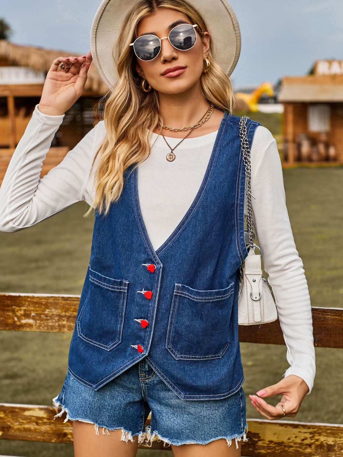 Pocketed Button Up Sleeveless Denim Jacket - Myfave Denim