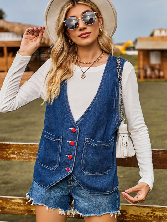 Pocketed Button Up Sleeveless Denim Jacket - Myfave Denim