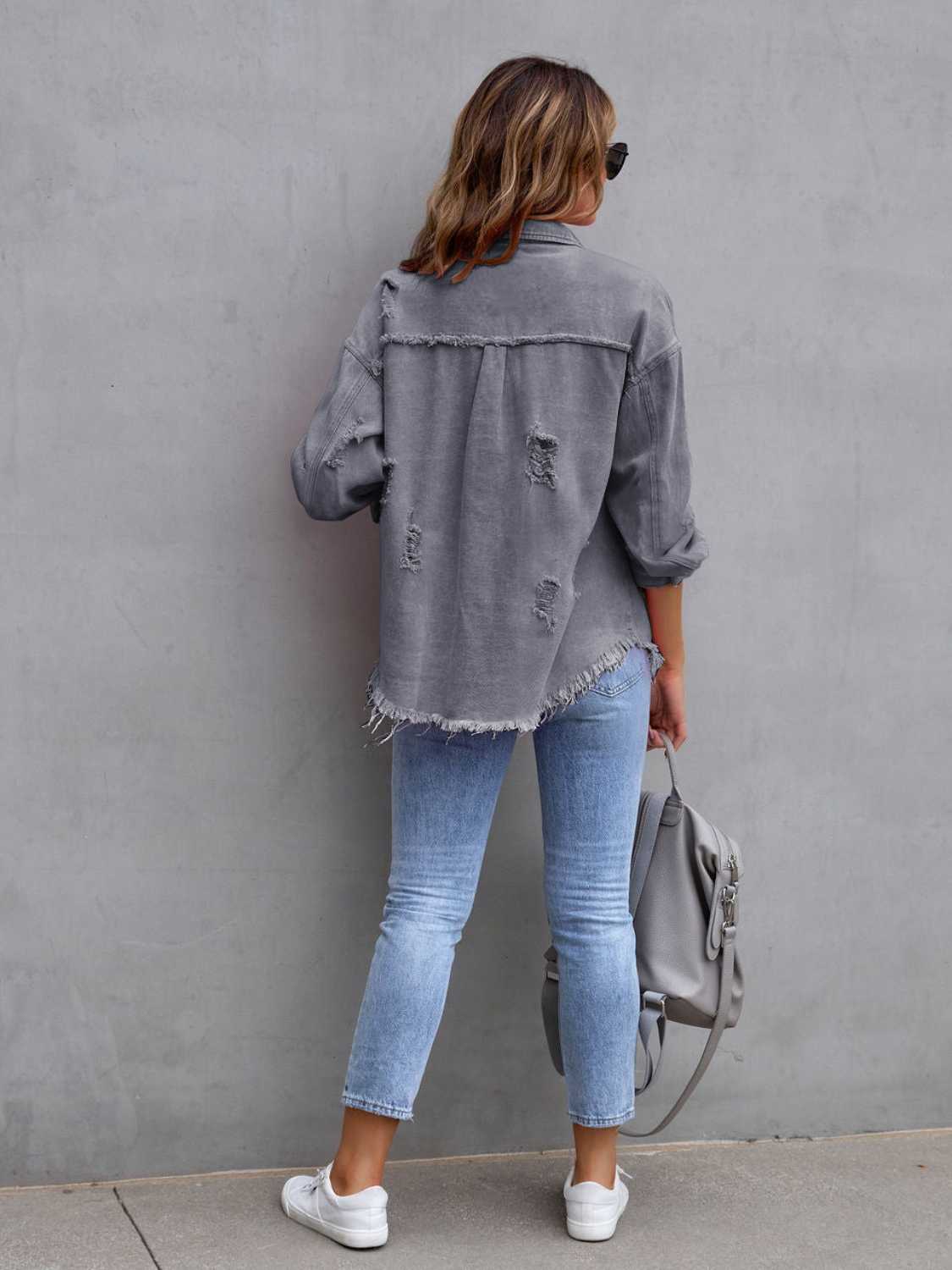 Distressed Drop Shoulder Denim Jacket - Myfave Denim